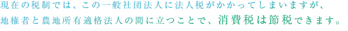 現在の税制では、この一般社団法人に法人税がかかってしまいますが、地権者と農地所有適格法人（旧：農業生産法人）の間に立つことで、消費税は節税できます。